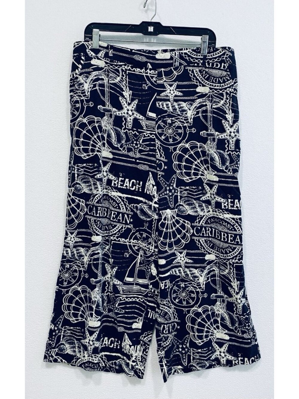 Joie Pants Womens XL Blue Nautical Print Wide Leg Cropped Linen Boho Beachy
